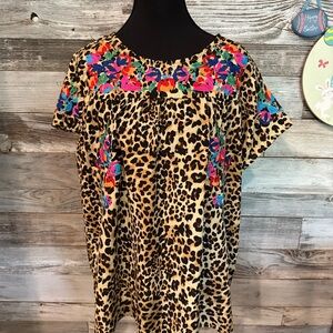 NWT Leopard Print Floral Embroidered Women's Top - Multicolor